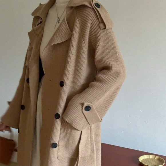 chic Double Breasted Belted Longline Cardigan Trench Coat Brown - Picture 4 of 4
